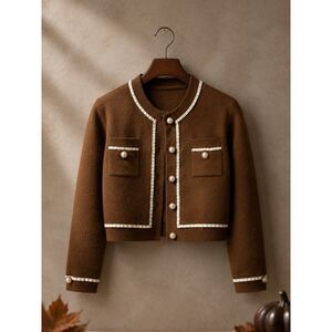 Brown Pearl Button Contrast Trim Cropped Cardigan